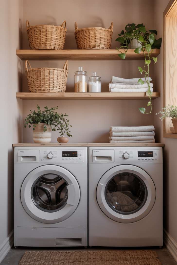 Three floating shelves with woven baskets and glass jars arranged above side-by-side laundry machines