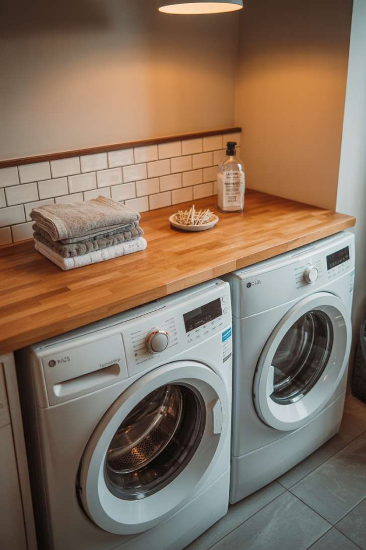 Butcher block countertop spanning two side-by-side machines with a peel-and-stick tile backsplash