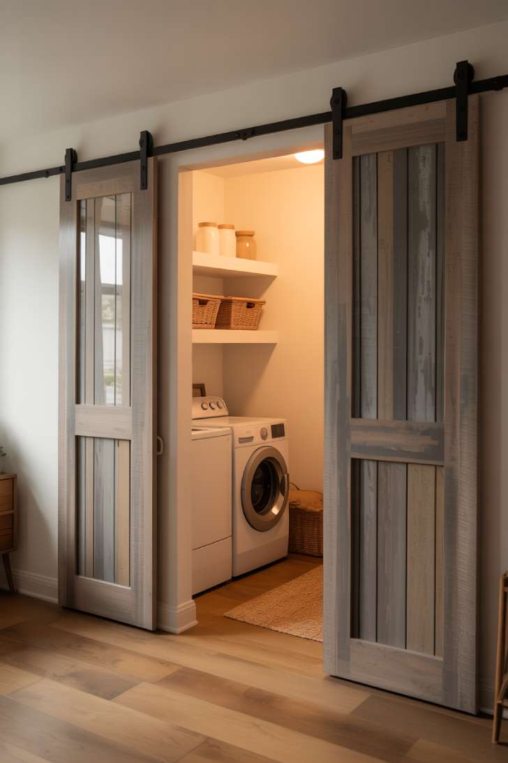 Grey-washed sliding barn doors on a matte black rail concealing a laundry closet in a hallway