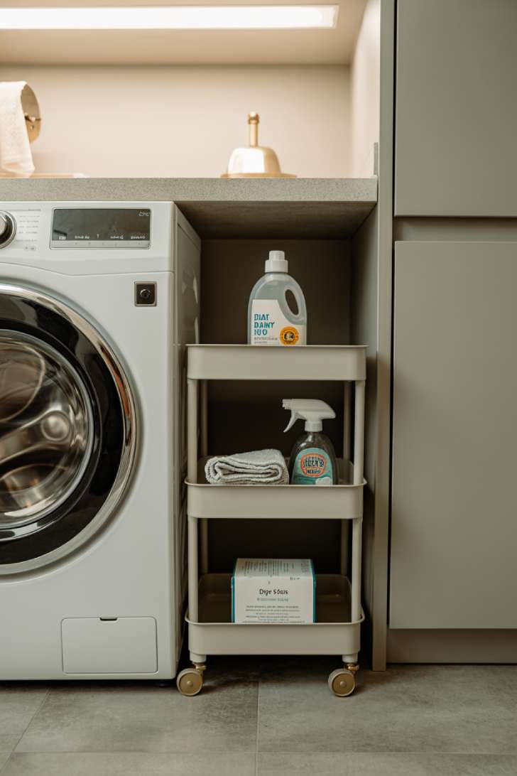 Slim three-tier rolling cart tucked between a washing machine and the wall, holding laundry supplies