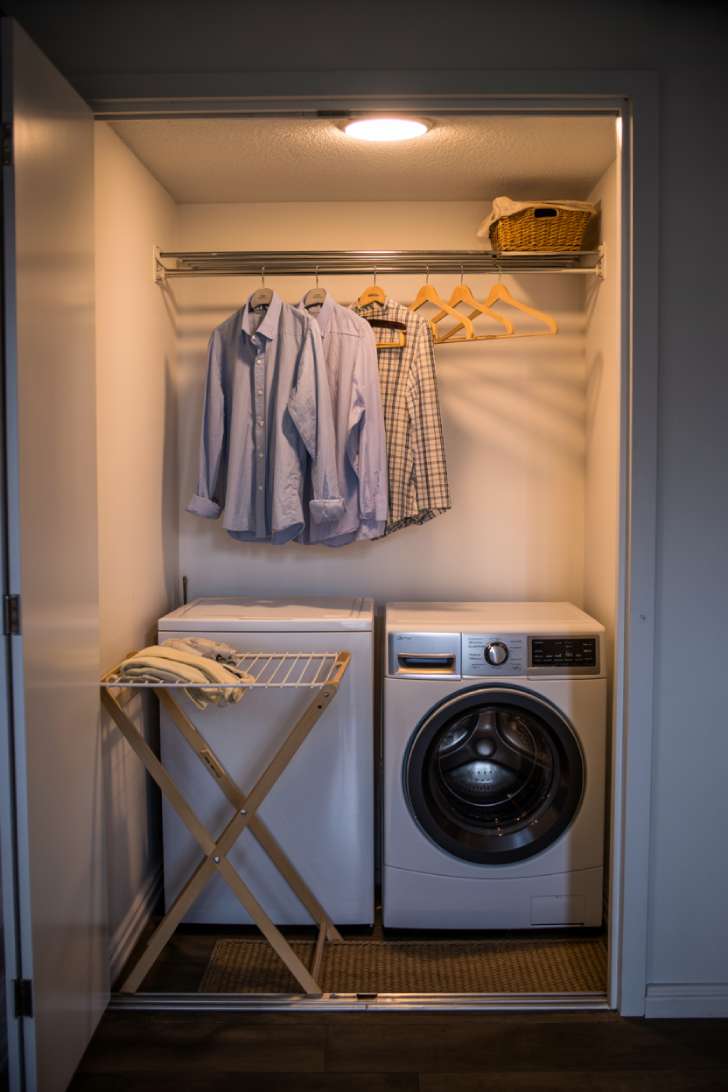 Fold-down wall-mounted drying rack and tension rod with wooden hangers inside a laundry closet