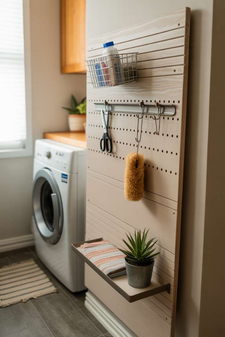 White pegboard mounted above a washer with hooks, a wire basket, and a small shelf holding a plant