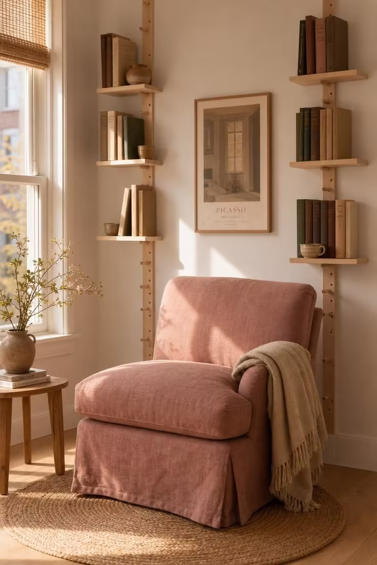 13 Cozy Apartment Reading Nook Ideas for Small Spaces 1 Dusty rose slipper chair beside slim birch peg shelves in a warm apartment reading nook with golden afternoon light