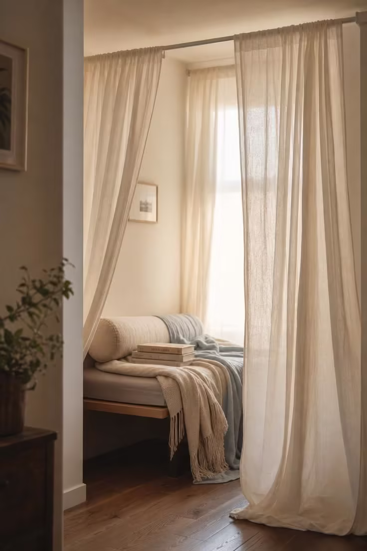 13 Cozy Apartment Reading Nook Ideas for Small Spaces 3 Sheer linen curtain panels on a tension rod enclosing a small apartment bench reading nook with soft diffused light