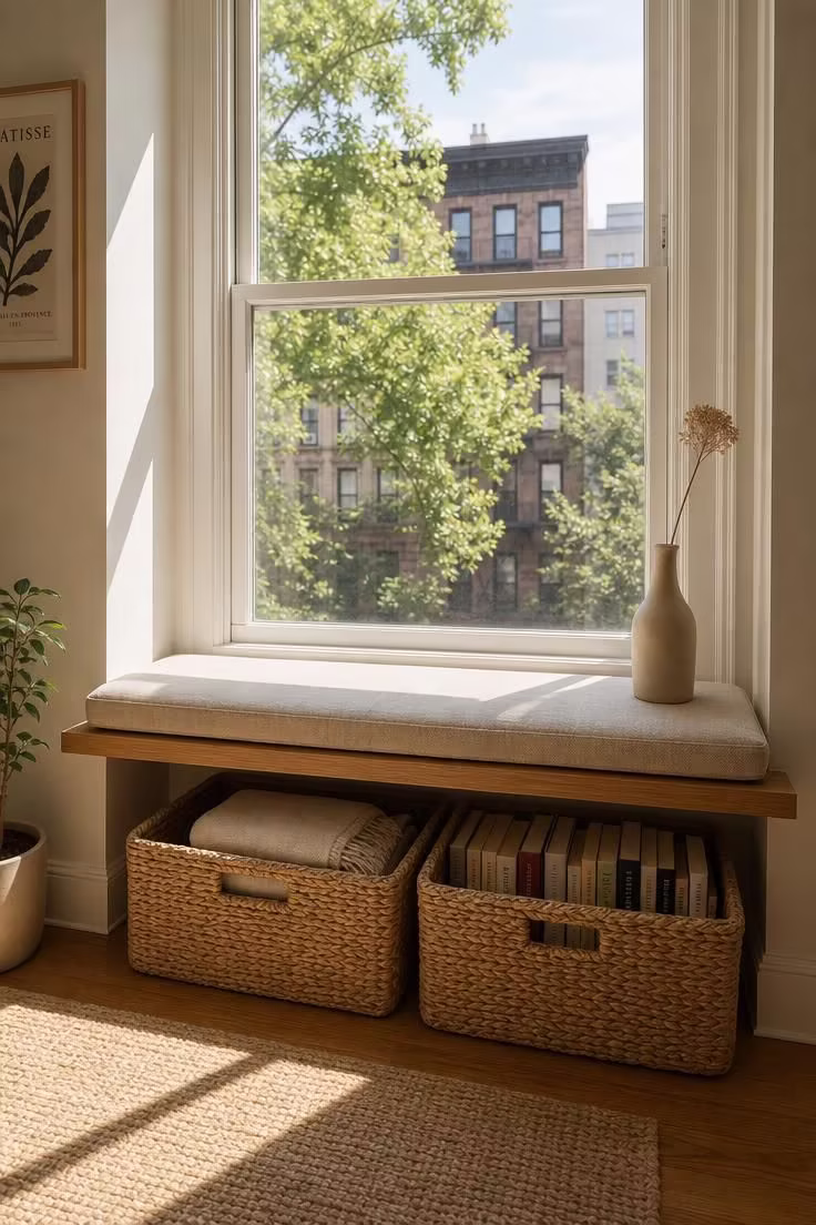 13 Cozy Apartment Reading Nook Ideas for Small Spaces 4 Bright midday light on a narrow oak window ledge with linen cushion and seagrass basket book storage beneath
