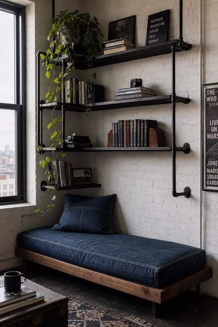 13 Cozy Apartment Reading Nook Ideas for Small Spaces 5 Matte black pipe shelving and faded denim cushion seat in an industrial apartment reading nook with hazy overcast light