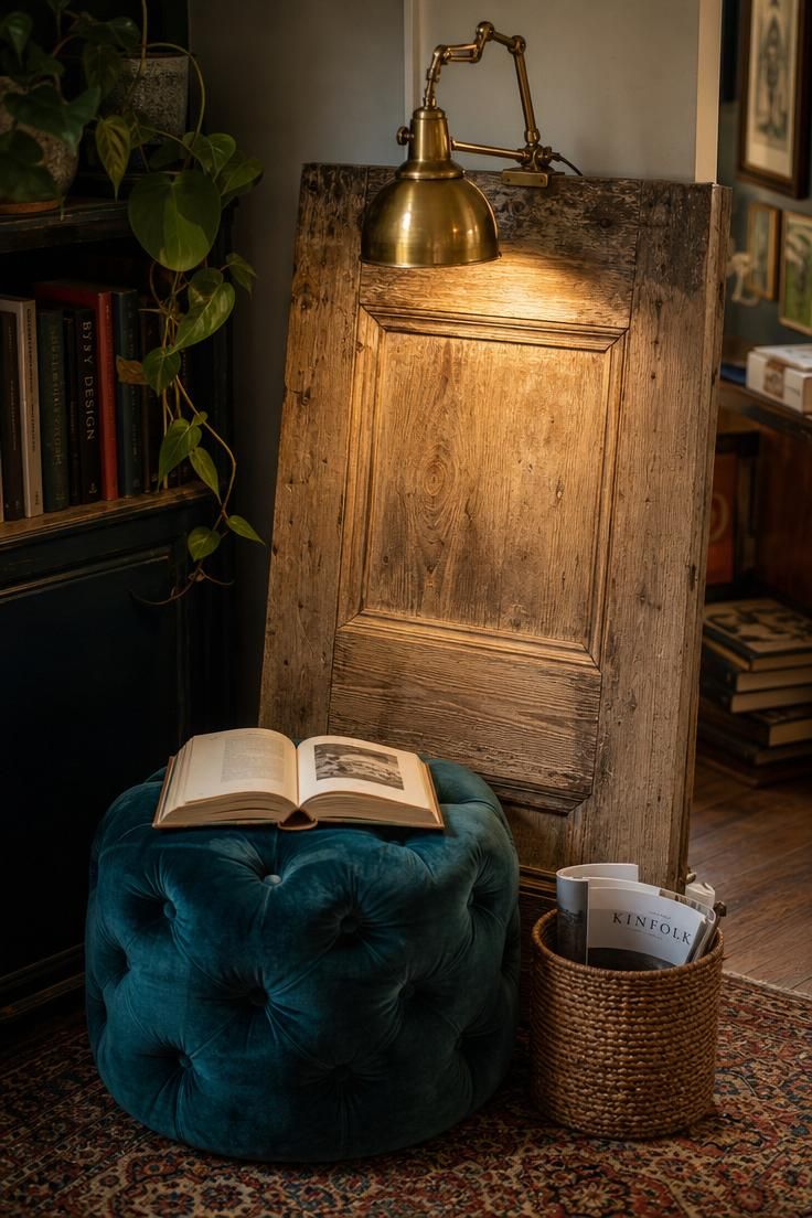 13 Cozy Apartment Reading Nook Ideas for Small Spaces 6 Reclaimed wooden door propped behind a teal velvet pouf with brass clip lamp in a warm apartment reading nook