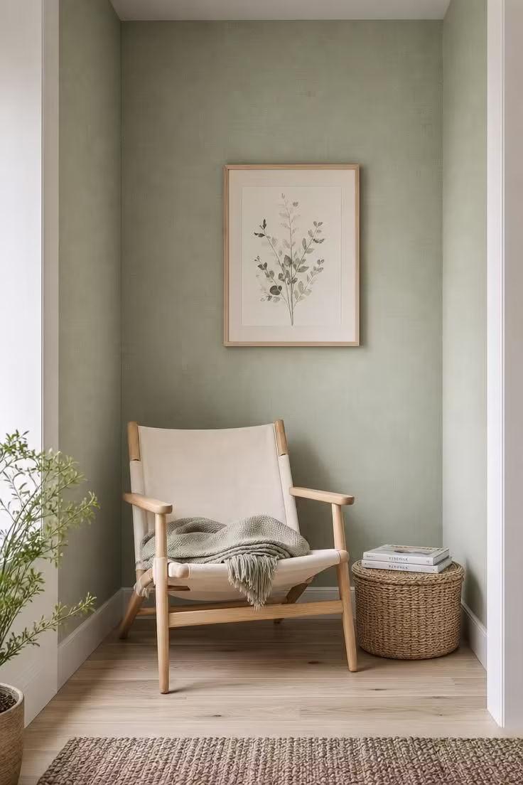 13 Cozy Apartment Reading Nook Ideas for Small Spaces 7 Pale sage peel-and-stick wallpaper alcove with a canvas sling chair and soft diffused light in a small apartment