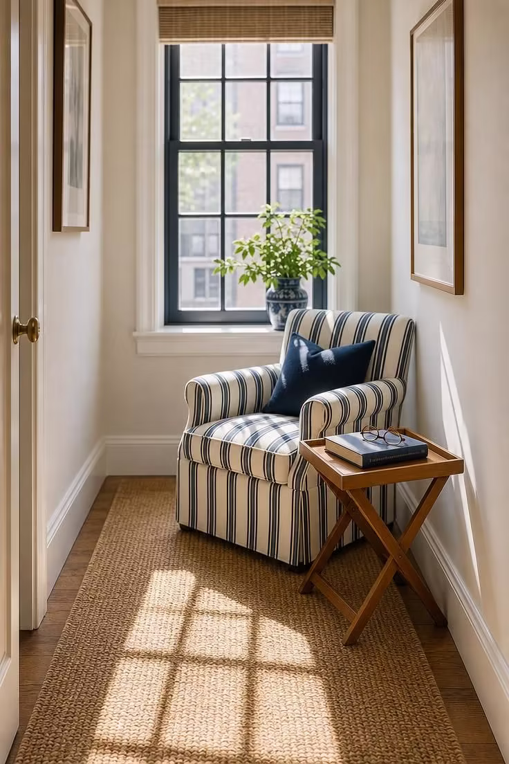13 Cozy Apartment Reading Nook Ideas for Small Spaces 8 Striped navy and cream accent chair with folding teak tray table at the end of an apartment hallway with bright midday light