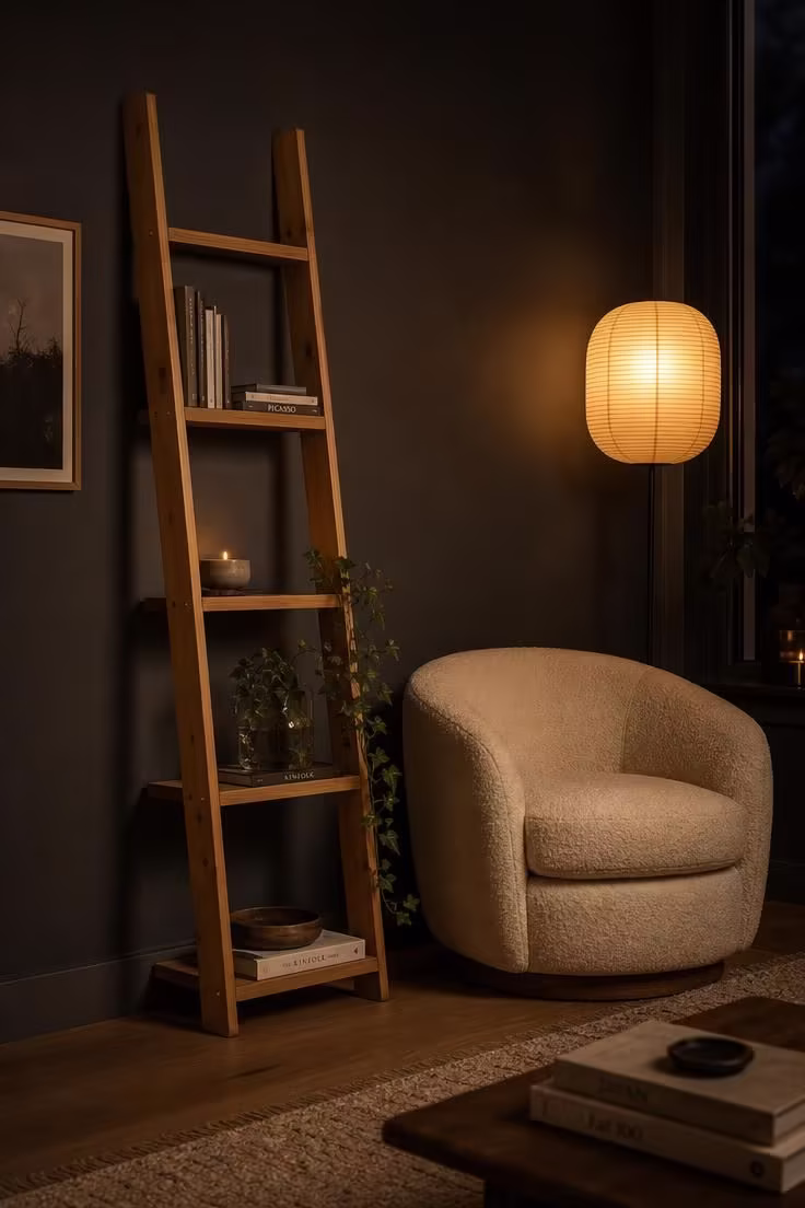 13 Cozy Apartment Reading Nook Ideas for Small Spaces 10 Pine ladder shelf and warm cream boucle barrel chair against a dark wall with low amber light in an apartment reading nook