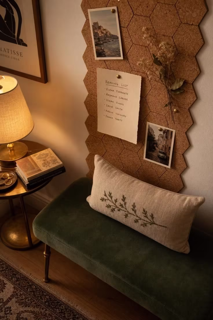 13 Cozy Apartment Reading Nook Ideas for Small Spaces 11 Cork tile accent strip with pinned postcards behind a forest green velvet bench on brass legs in a warm apartment reading nook