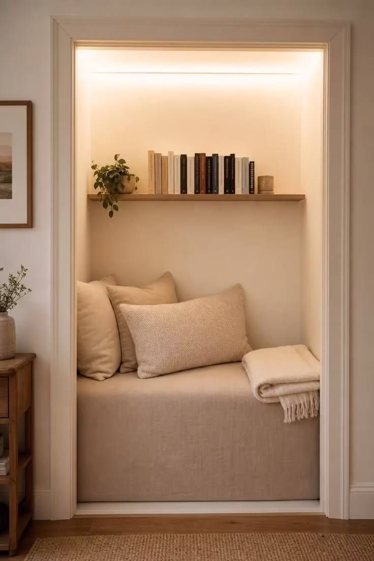 13 Cozy Apartment Reading Nook Ideas for Small Spaces 12 Former apartment closet converted into a reading nook with LED tape lighting and a pale clay foam seat