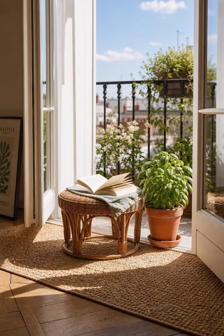 13 Cozy Apartment Reading Nook Ideas for Small Spaces 13 Low rattan stool and terracotta planter at an apartment balcony threshold with bright midday light and a woven mat