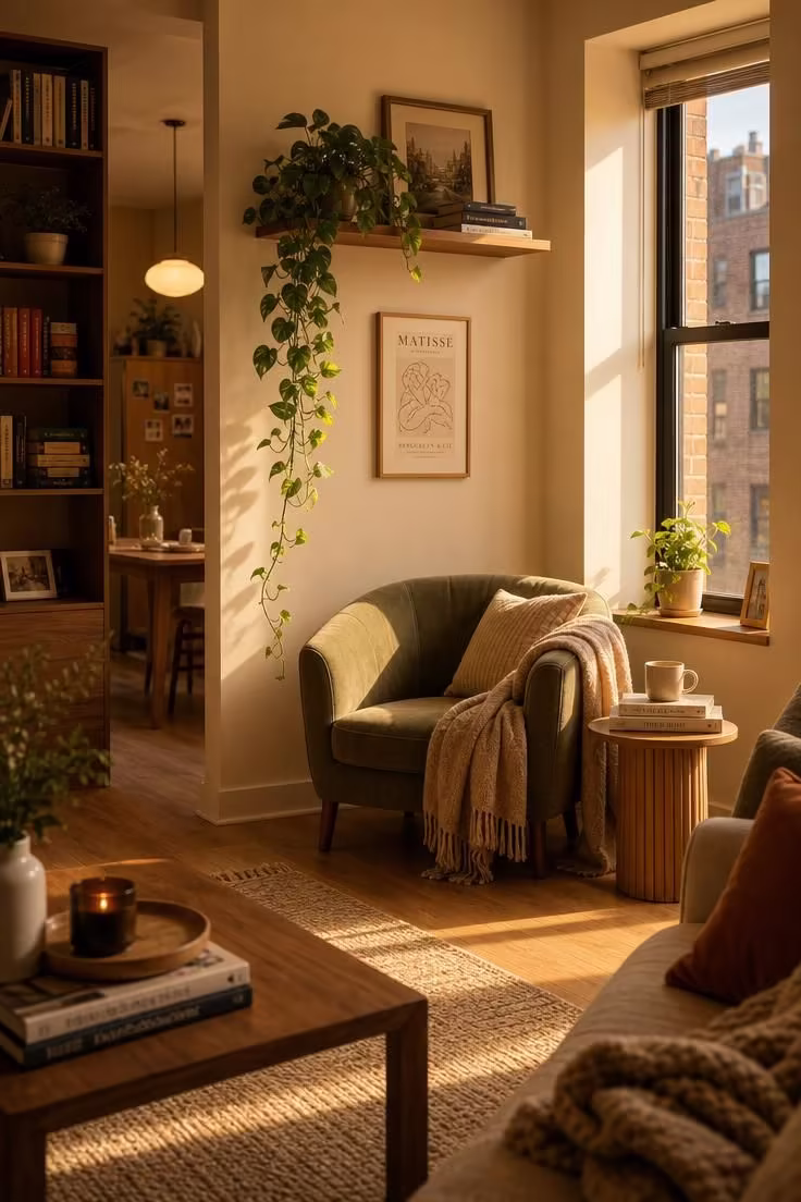 Simple Spaces 16 Cozy apartment reading nook with a sage upholstered chair, stacked hardcovers, and warm golden light in a small living room setting