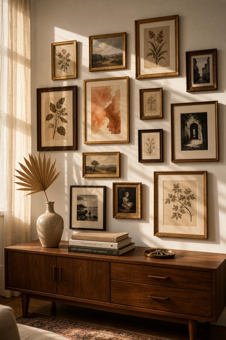 13 Cozy Apartment Wall Decor Ideas That Feel Like Home 1 A salon-style gallery wall of mismatched vintage gold and walnut frames above a mid-century credenza in a sunlit apartment living room.