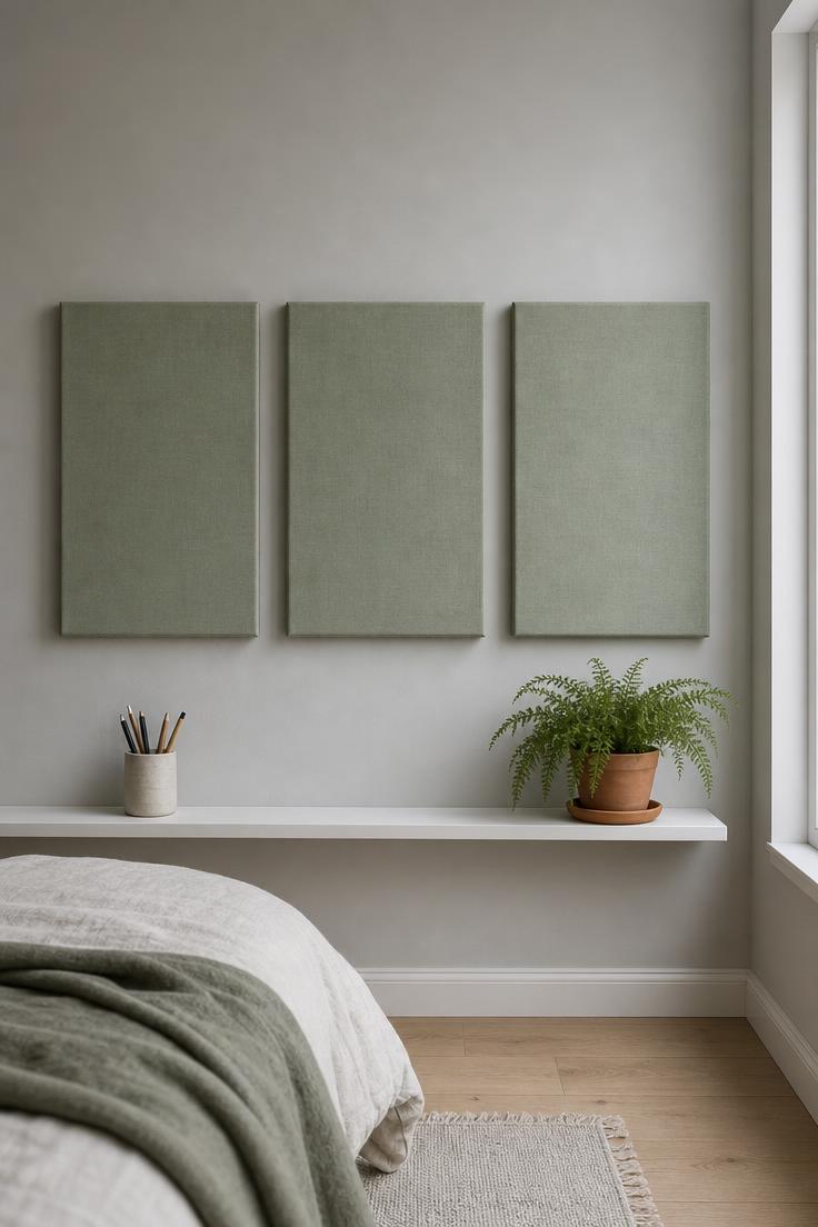 13 Cozy Apartment Wall Decor Ideas That Feel Like Home 2 Three sage green linen-wrapped canvases in a horizontal row on a cool gray apartment bedroom wall with soft overcast light.