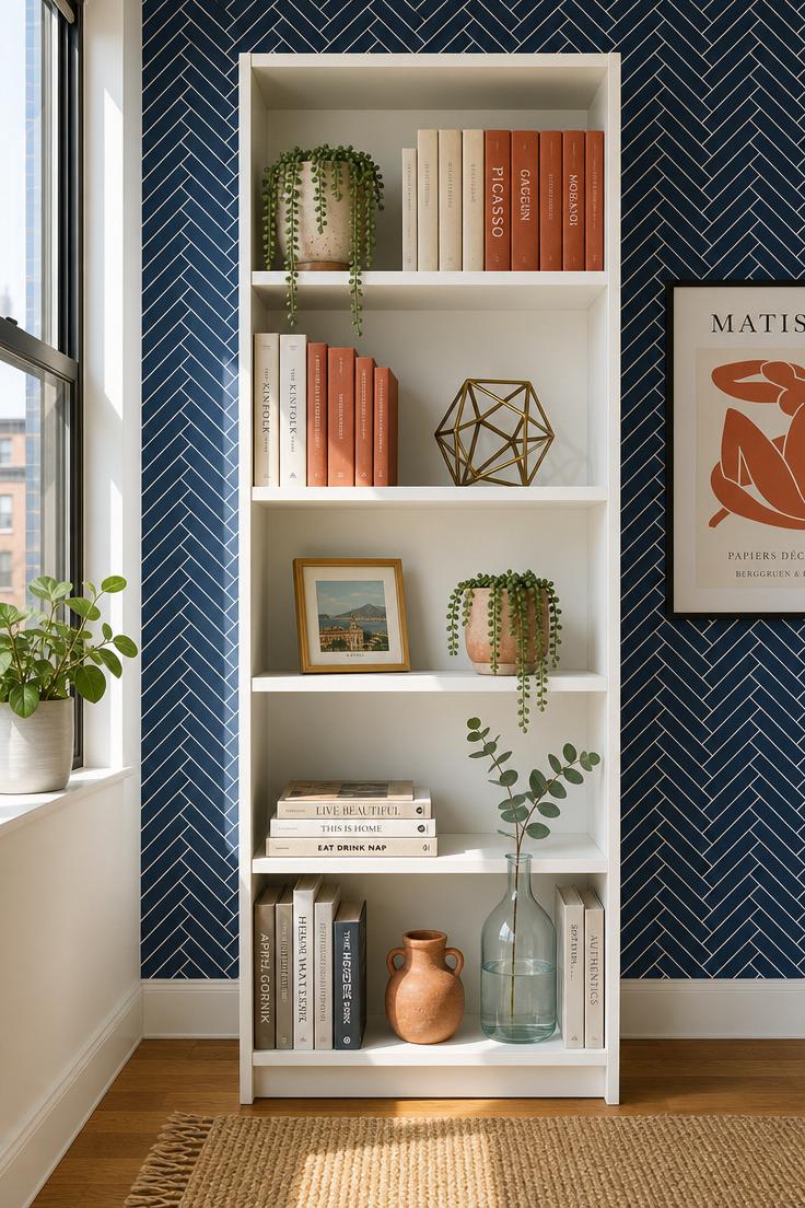 13 Cozy Apartment Wall Decor Ideas That Feel Like Home 3 A white open bookshelf styled with books and plants against a navy herringbone peel and stick wallpaper accent wall in a bright apartment.