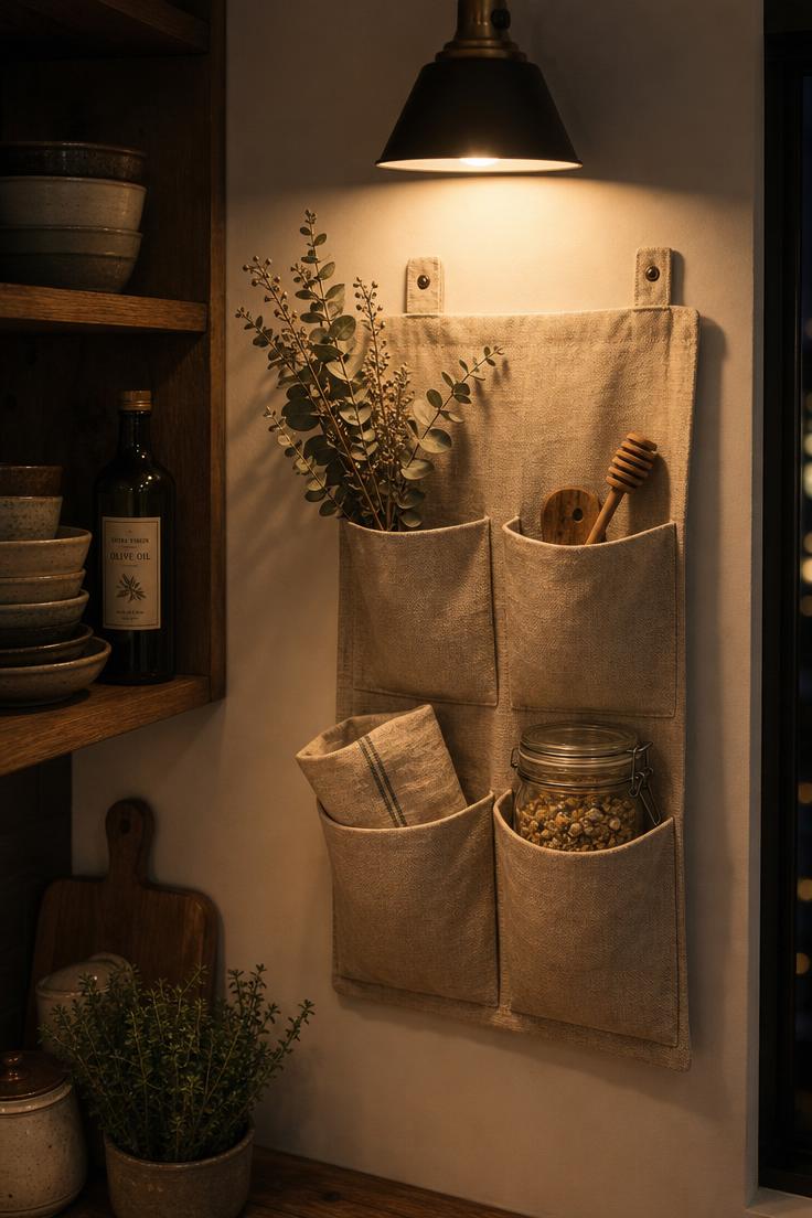 13 Cozy Apartment Wall Decor Ideas That Feel Like Home 5 A raw linen pocket organizer with dried eucalyptus and kitchen items on a warm white kitchen wall in moody low evening light.
