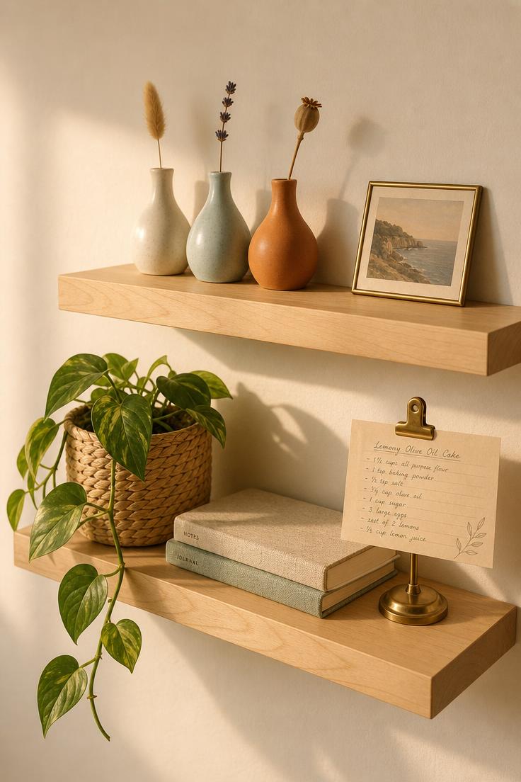 13 Cozy Apartment Wall Decor Ideas That Feel Like Home 6 Two staggered light birch floating shelves with ceramic bud vases, postcard prints, and a trailing pothos in warm golden afternoon light.