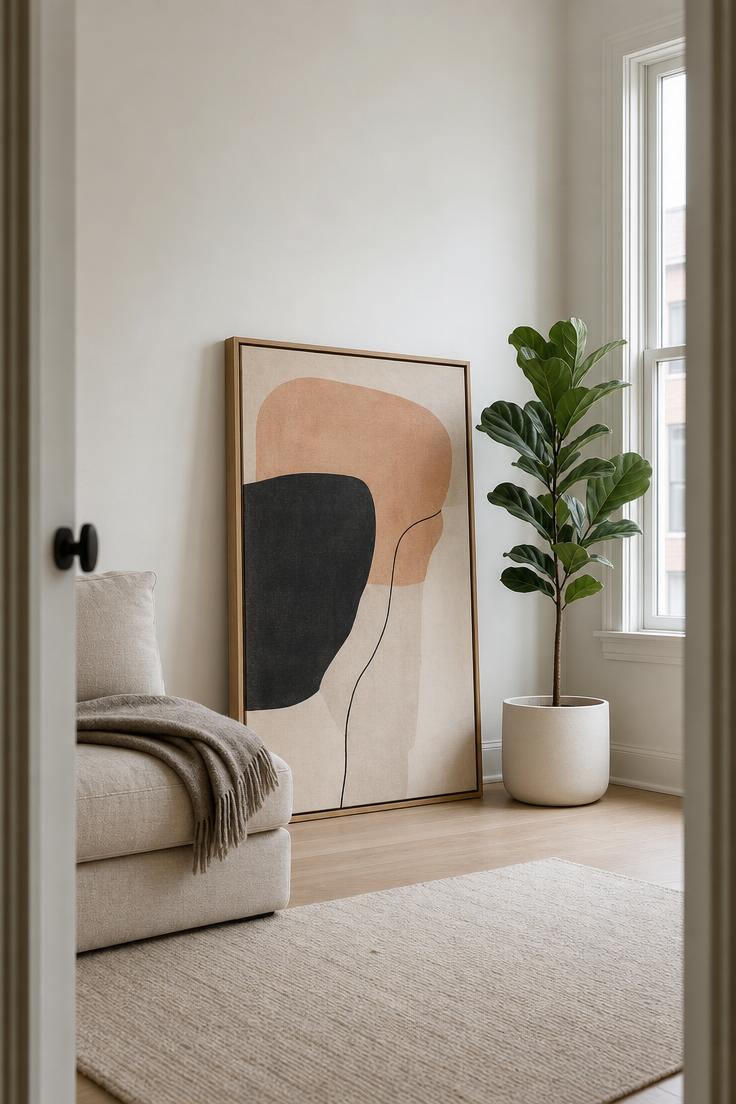 13 Cozy Apartment Wall Decor Ideas That Feel Like Home 7 An oversized abstract print in peach and charcoal leaned against a white apartment living room wall in a slim oak float frame with cool overcast light.