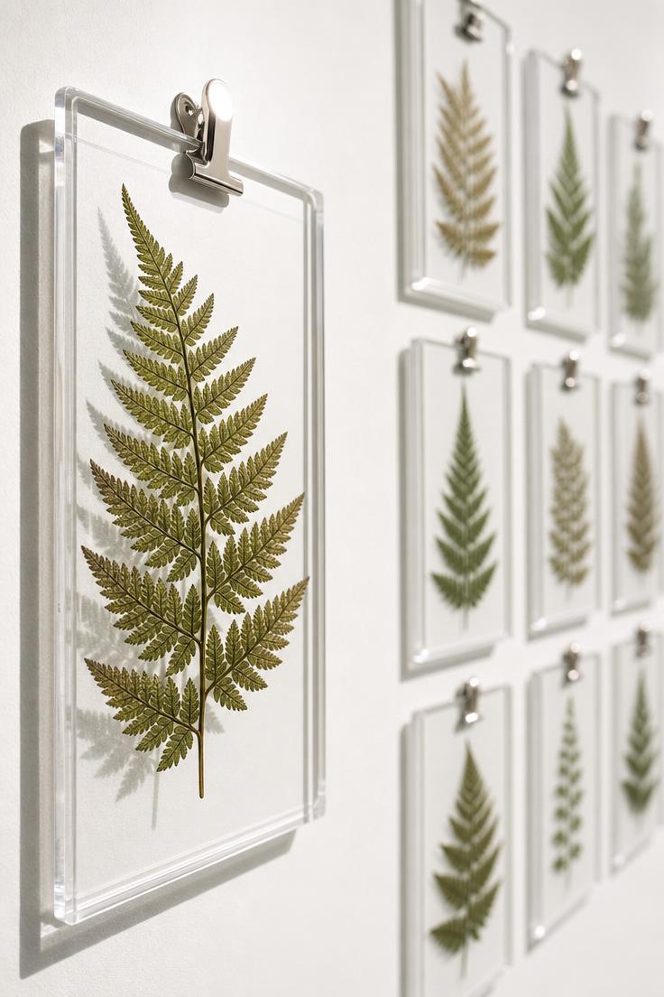 13 Cozy Apartment Wall Decor Ideas That Feel Like Home 8 A close-up of a pressed fern specimen in a clear acrylic clip frame, part of a 3x3 grid arrangement on a bright white apartment wall.