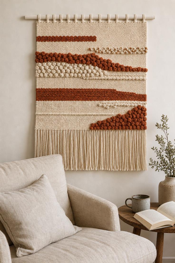 13 Cozy Apartment Wall Decor Ideas That Feel Like Home 9 A large cream and rust woven wall hanging on a white dowel above an oatmeal linen reading chair in soft diffused light.