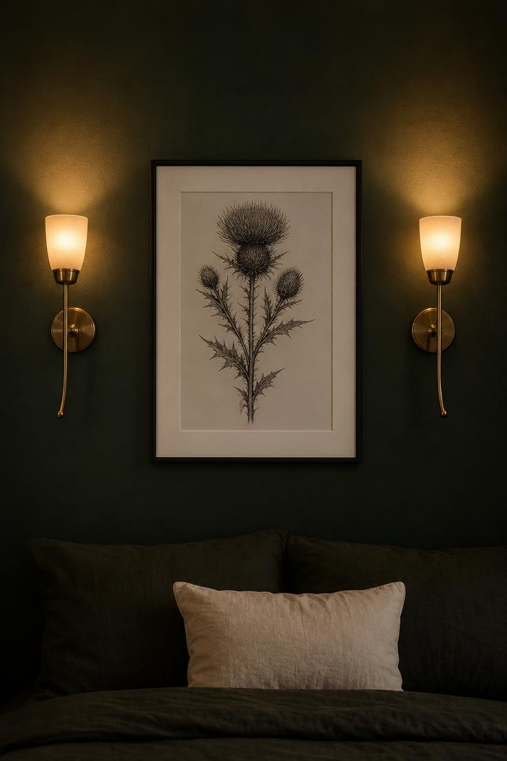 13 Cozy Apartment Wall Decor Ideas That Feel Like Home 10 Two battery-operated brass wall sconces flanking a framed black ink botanical drawing on a dark green apartment bedroom wall in moody low light.
