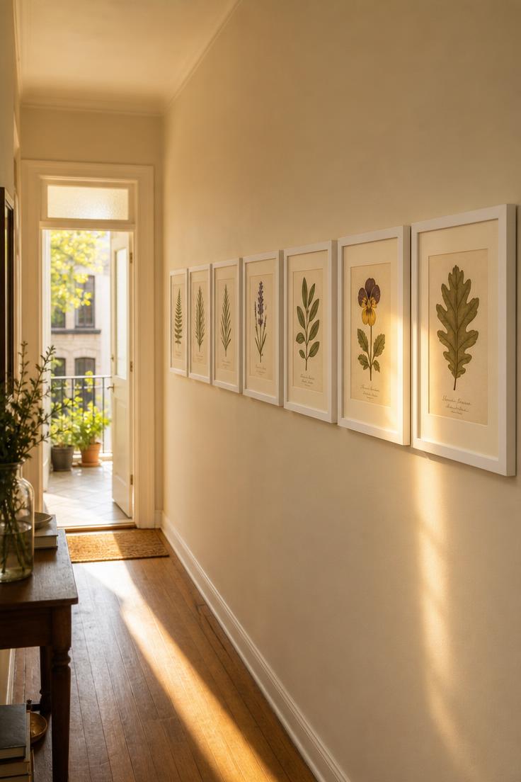 13 Cozy Apartment Wall Decor Ideas That Feel Like Home 11 A row of six vintage botanical prints in matching white frames along a narrow apartment hallway with warm golden afternoon light from the far doorway.