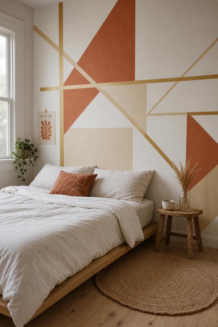 13 Cozy Apartment Wall Decor Ideas That Feel Like Home 12 Geometric washi tape shapes in terracotta, cream, and gold on a bedroom wall behind a platform bed with white linen bedding in cool overcast light.