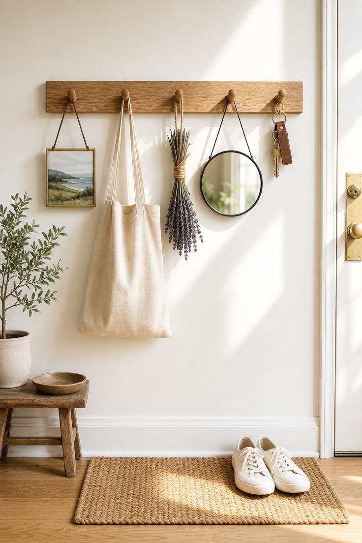 13 Cozy Apartment Wall Decor Ideas That Feel Like Home 13 An oak peg rail near an apartment entryway holding a framed watercolor, tote bag, dried lavender, round mirror, and brass keys in bright midday light.