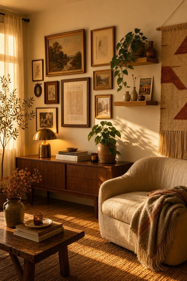 A cozy apartment living room corner with a gallery wall, floating shelves, and a woven wall hanging in warm golden afternoon light.