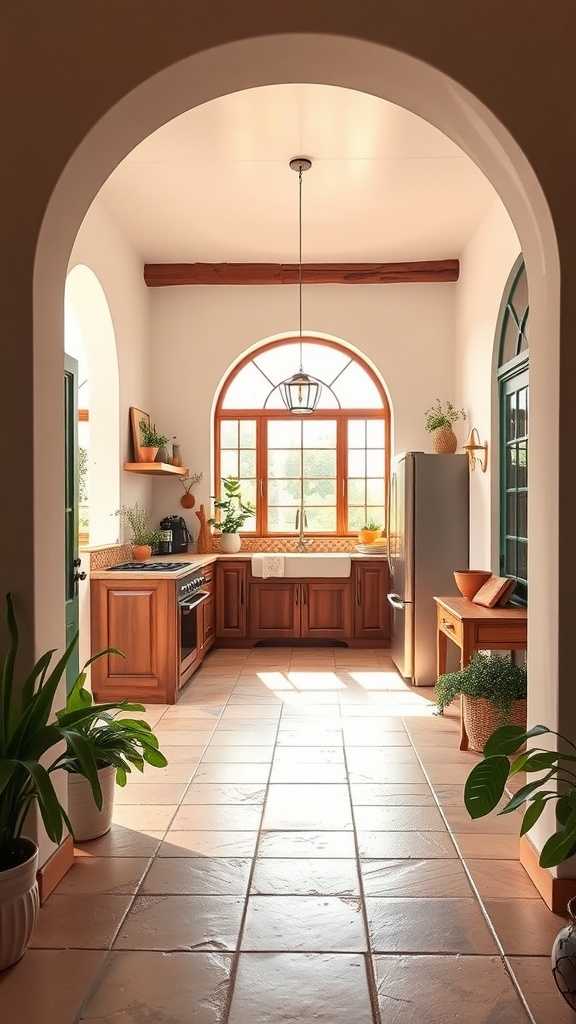 A bright Spanish Mediterranean kitchen featuring arched doorways and windows with dark wood cabinets.