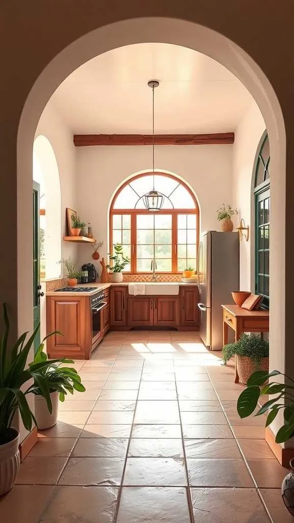 19 Stunning Spanish Mediterranean Kitchen Design Ideas 8 A bright Spanish Mediterranean kitchen featuring arched doorways and windows with dark wood cabinets.