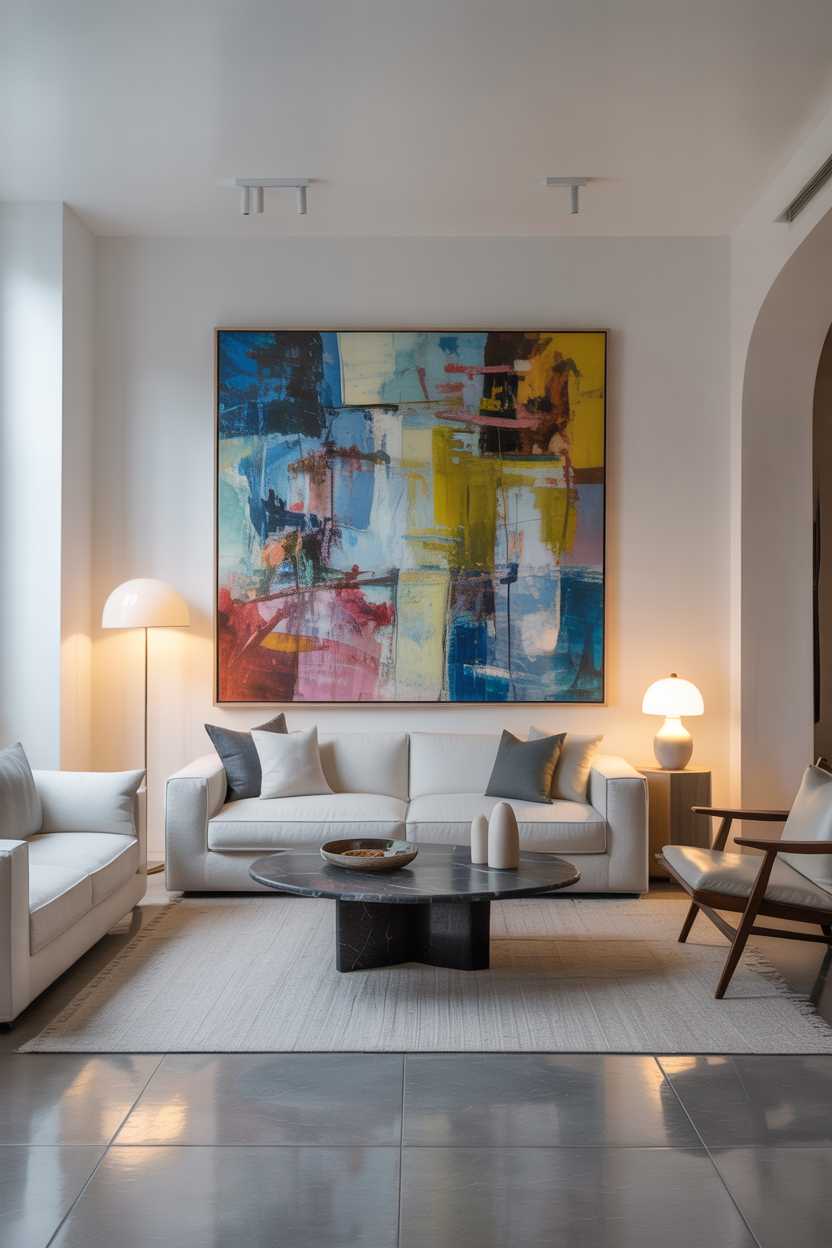 What is Modern Style Interior Design? Discover Its Benefits 14 Modern living room using a single large artwork as the main focal point.