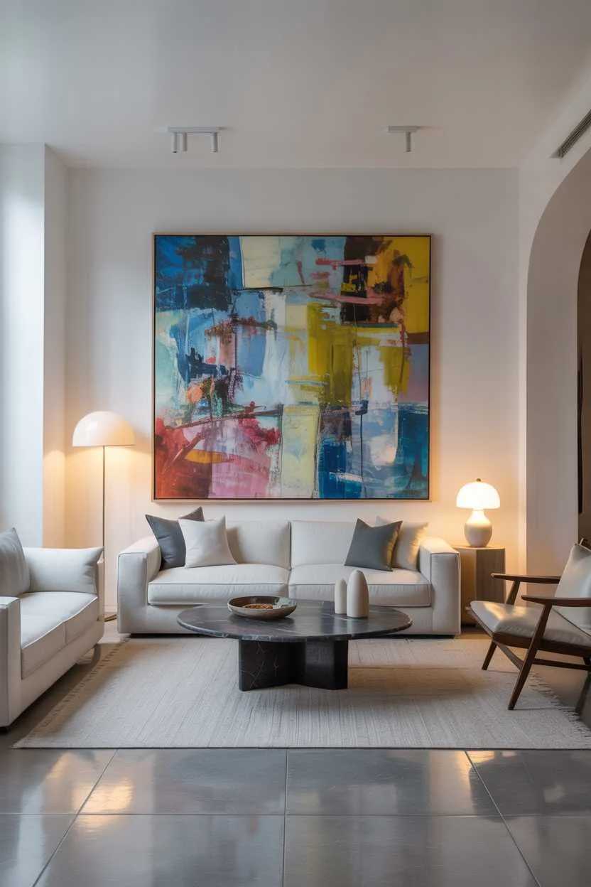 What is Modern Style Interior Design? Discover Its Benefits 14 Modern living room using a single large artwork as the main focal point.