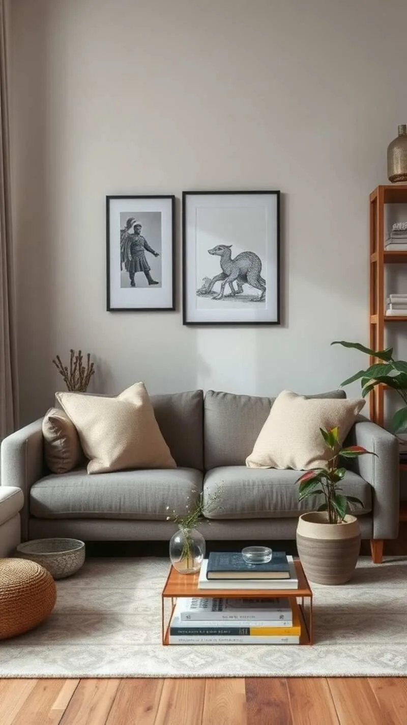 19 Wabi-Sabi Living Room Ideas for a Cozy & Timeless Space 16 A cozy wabi-sabi living room featuring a gray sofa, art on the walls, and a coffee table with books and plants.