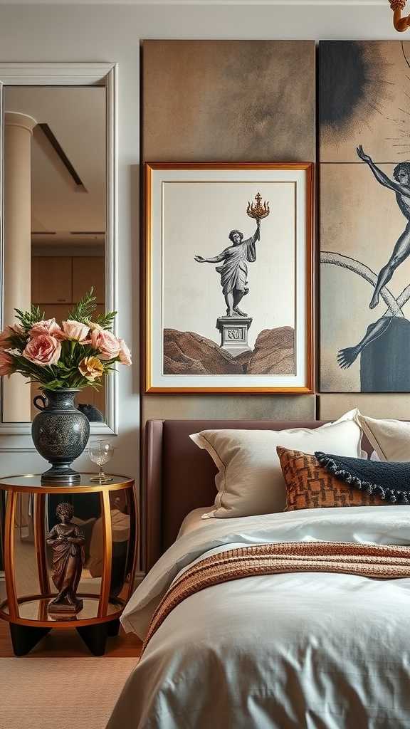 A sophisticated bedroom featuring artful decor accents