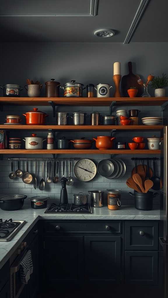 A cozy, moody farmhouse kitchen showcasing an artful display of colorful cookware and utensils on wooden shelves.