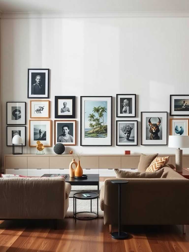 A stylish living room featuring an artful wall decor display with various framed artworks.