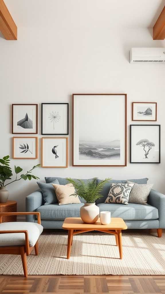 A stylish Japandi living room featuring an artful wall display with framed pictures and woven decor.