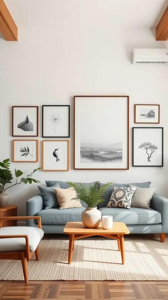 21 Japandi Living Room Design Ideas for a Cozy, Stylish Home 7 A stylish Japandi living room featuring an artful wall display with framed pictures and woven decor.