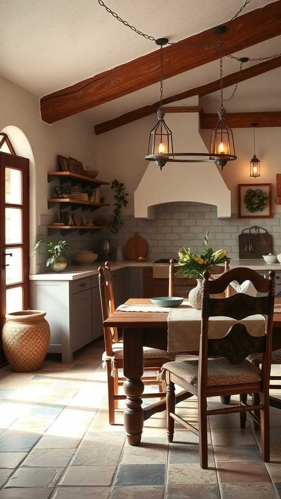 A cozy dining area featuring dark wood furniture and rustic kitchen decor.