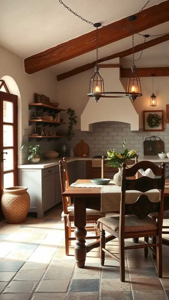 19 Stunning Spanish Mediterranean Kitchen Design Ideas 18 A cozy dining area featuring dark wood furniture and rustic kitchen decor.