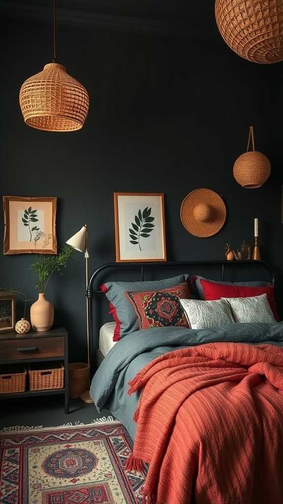 A beautifully designed dark boho bedroom featuring artisan crafted items like woven baskets and unique textiles.