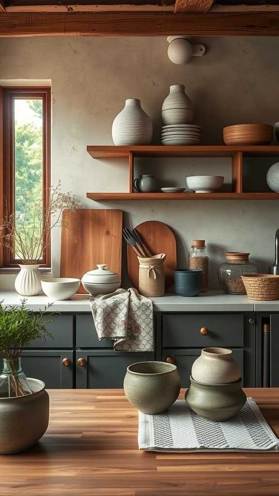 A beautifully arranged kitchen showcasing artisanal pottery and wooden decor elements.