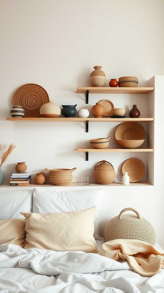 A cozy bedroom featuring artisanal accessories on shelves, including woven baskets and earthy vases.