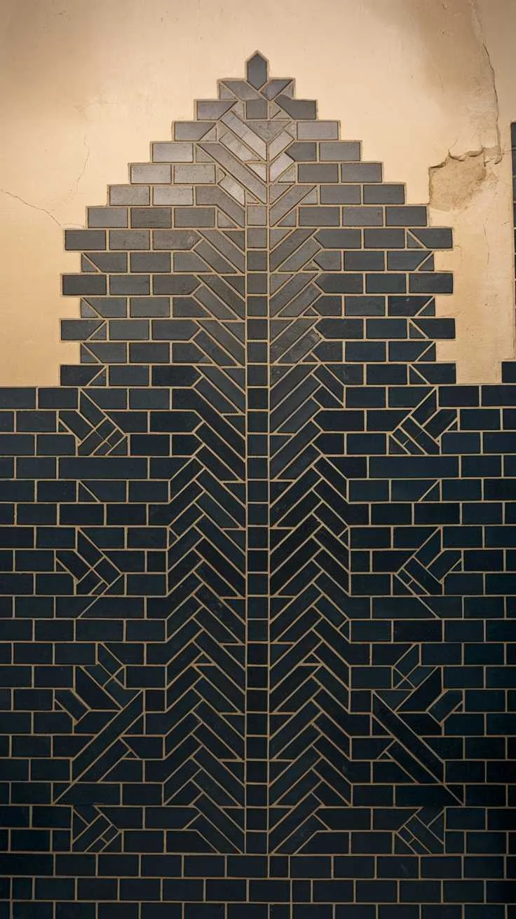 A beautifully designed black tile mosaic in a bathroom.