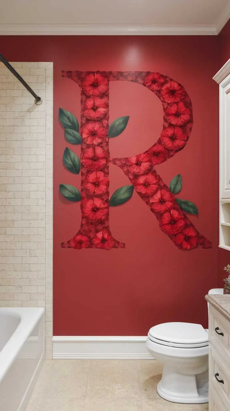13 Red Bathroom Decor Ideas to Transform Your Space 7 A red bathroom with floral wall art featuring the letter R.