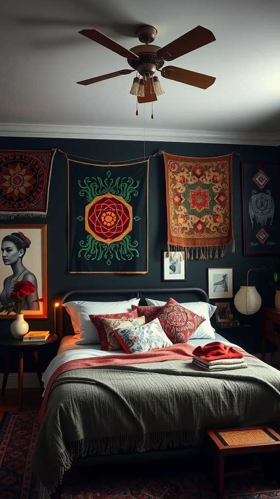 Dark boho bedroom with artistic wall decor including tapestries and framed art