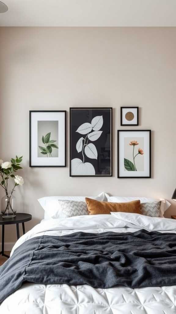 A stylish bedroom with artistic wall decor including framed photos and a poster above the bed.